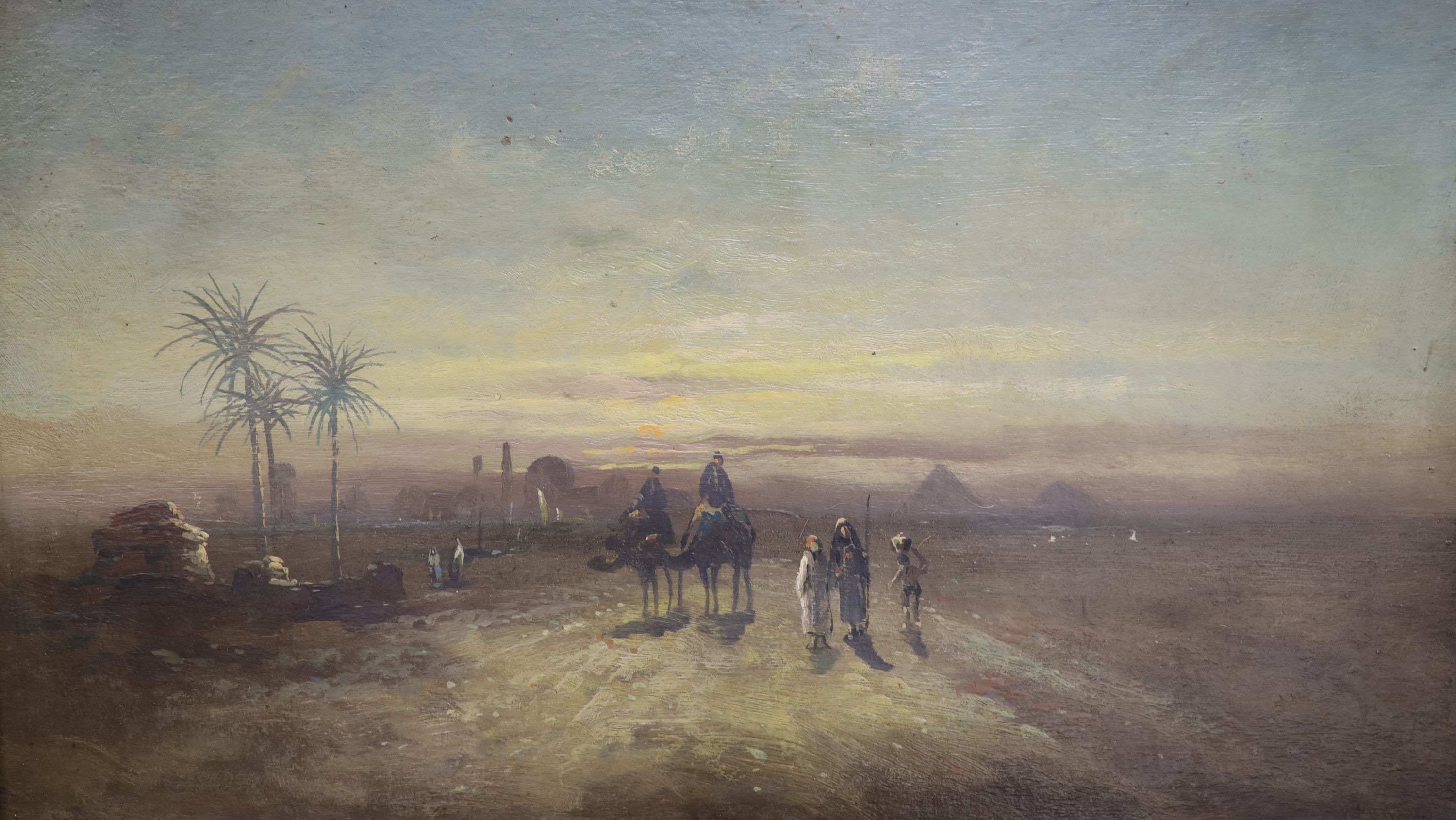 A. Clayton, oil on board, Egyptian landscape with pyramids in the distance, 35 x 61cm